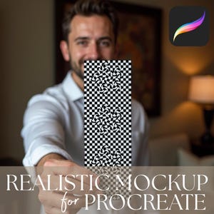 Puede incluir: Una persona sosteniendo un rectángulo con un patrón en blanco y negro con el texto "REALISTIC MOCKUP for PROCREATE". El icono de la aplicación Procreate está en la esquina superior derecha. El rectángulo tiene un patrón de cuadros con un diseño en espiral.