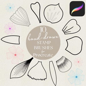 May include: A digital art graphic featuring ten hand-drawn stamp brushes for Procreate. The brushes are black outlines of flower petals and shapes, arranged around a central circle with text. The Procreate app icon is in the upper right corner.