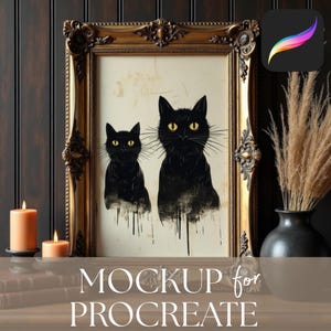 May include: A framed artwork featuring two black cats with yellow eyes. The cats are depicted in a stylized, illustrative manner against a cream-colored background. The frame is ornate with a gold finish. The text "MOCKUP for PROCREATE" is at the bottom.