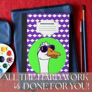 Custom journal cover mockup template for procreate, with a unisex bright green and purple silly goose design for boys or girls