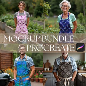 May include: A mockup bundle for Procreate featuring four aprons with different designs. The aprons are worn by people in outdoor and indoor settings. The aprons have various patterns, including hearts, swirls, and geometric designs. The text "MOCKUP BUNDLE for PROCREATE" is displayed.