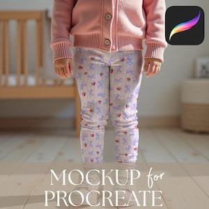 May include: A child in a pink cardigan and patterned leggings. The leggings have a repeating pattern of bows and strawberries on a light purple and white striped background. The text "MOCKUP for PROCREATE" is at the bottom.