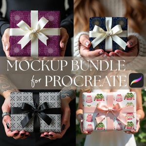 May include: A mockup bundle for Procreate featuring four wrapped gift boxes. The boxes have various patterns, including floral, geometric, and sweater designs. Each box is tied with a ribbon. The text "MOCKUP BUNDLE for PROCREATE" is displayed.