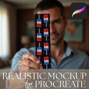 Könnte beinhalten: Ein Lesezeichen mit einem Muster aus roten, weißen und blauen Eis am Stiel-Illustrationen auf schwarzem Hintergrund mit weißen Punkten. Der Text "REALISTIC MOCKUP for PROCREATE" steht unten. Das Procreate App-Symbol befindet sich oben rechts.