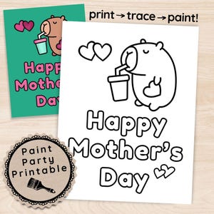 Mother&#39;s Day Pre Drawn Canvas Kit, Capybaras Paint & Sip Toolkit, DIY Wall Art Template, Handmade Gift For Mom, Art Stencil Instant Download