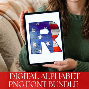 4th of July PNG Alphabet Set, Red White & Blue Independence Day Font Bundle, Patriotic American Flag Lettering for Craft (Instant Download)