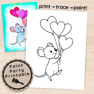 Imprimible para fiesta de pintura de San Valentín con forma de ratón, trazador digital de galentines, arte animal con corazones de amor, linda plantilla de lienzo para niños, diseño de noche de pintura DIY