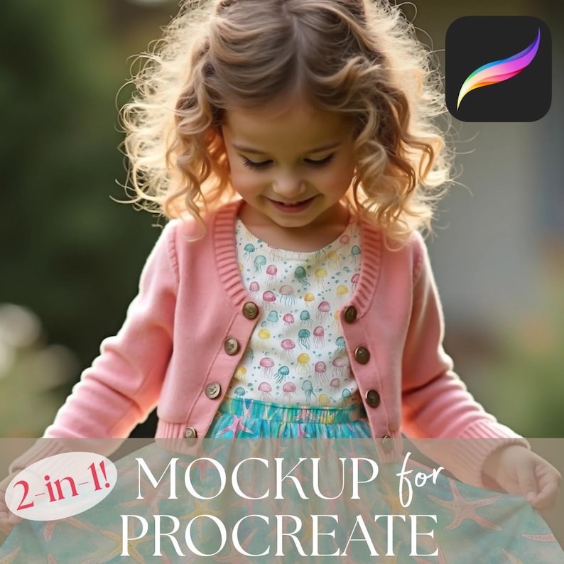 procreate 2 in one mockup with a little girl wearing a gathered skirt and a tshirt under a pink cardigan, instant download with instructions