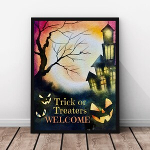 Halloween trick or treat printable sign, trick or treaters welcome, Halloween home decor, spooky watercolor print, instant digital download