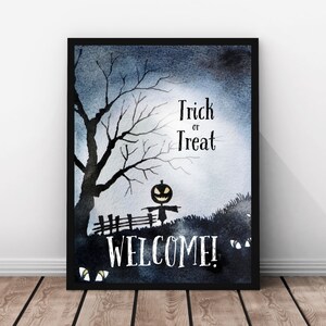 Halloween trick or treat printable sign, trick or treaters welcome, Halloween home decor, spooky watercolor print, instant digital download