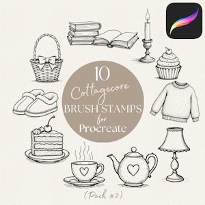 Peut inclure: Illustration numérique de dix tampons de pinceau cottagecore pour Procreate. L'image comprend un panier, des livres, des chaussons, un cupcake, un pull, une part de gâteau, une tasse à thé, une théière, une lampe et une bougie. Le texte indique "10 Cottagecore Brush Stamps for Procreate (Pack #2)".