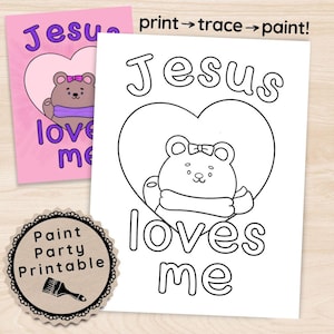 Christian Sip and Paint Stencil, Jesus Loves Me Art, DIY Paint Party Image Transfers, Kids Church Painting Pre Drawn Canvas Digital Download