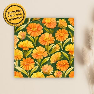 Tarjeta imprimible con flores retro de caléndula, tarjeta de felicitación con caléndulas en acuarela, archivo PDF de tarjeta en blanco, arte floral de nacimiento de octubre, descarga instantánea