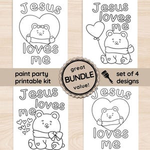 Christian Sip and Paint BUNDLE, Faith Sip and Paint Toolkit, Kids Jesus Loves Me DIY Art, Pre Drawn Canvas, Set of 4 Painting Tracers PNG