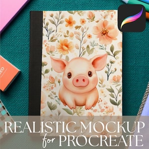 May include: A notebook featuring a pig illustration and a floral pattern. The notebook has a black spine and the text "REALISTIC MOCKUP for PROCREATE" at the bottom.