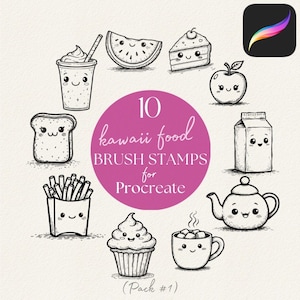 May include: A collection of 10 kawaii food brush stamps for Procreate, featuring adorable illustrations of a drink, watermelon, cake, apple, bread, milk carton, fries, cupcake, hot chocolate, and a teapot. Pack #1.