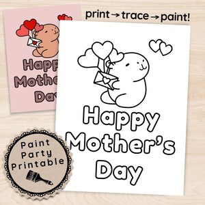 Mother&#39;s Day Pre Drawn Canvas Kit, Capybara Paint & Sip Toolkit, DIY Wall Art Template, Handmade Gifts For Mom, Art Stencil Instant Download