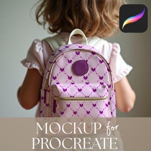 May include: A light pink backpack with a purple heart pattern and a circular patch. The backpack has gold zippers and the text "MOCKUP for PROCREATE" at the bottom. A Procreate app icon is in the upper right corner.