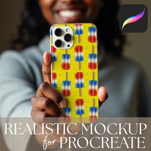 Op de afbeelding: Een gele telefoonhoes met een patroon van rode, witte en blauwe ijsjes. De telefoonhoes wordt voor een persoon gehouden. De tekst "REALISTIC MOCKUP for PROCREATE" staat onderaan de afbeelding.