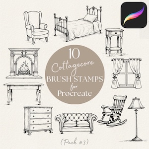 Può includere: Una collezione di 10 timbri pennello Cottagecore per Procreate, con illustrazioni disegnate a mano di mobili e decorazioni. Include un letto, una poltrona, un camino, un tavolo, una cassettiera, un divano, una sedia a dondolo, una finestra, un comodino e una lampada da terra.