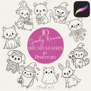 Op de afbeelding: Een digitale collectie van 10 zwart-wit lijntekeningen met griezelige kawaii-personages, waaronder een tovenaar, eekhoorn, eend, skeletvarken, kat, mummiehond, schaap, geest, aap en konijn, met de tekst 10 Spooky Kawaii BRUSH STAMPS for Procreate (Pack #3).