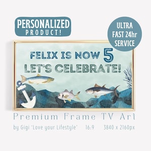 Fisherman Aesthetic Birthday Custom Tv Art, Personalized Happy Birthday Frame TV Art Fish,  Custom Birthday Party Banner, Digital download
