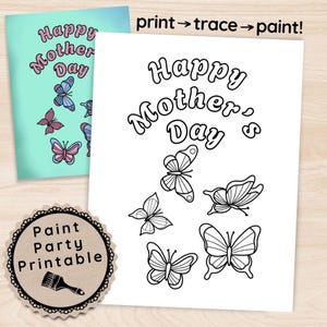 Mother&#39;s Day Sip and Paint Kit, Butterfly Design DIY Artwork for Moms, Unique Gift from The Kids, Pre Drawn Canvas Painting Download