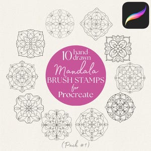 May include: A collection of ten hand-drawn mandala brush stamps for Procreate, arranged around a central pink circle. The mandalas are black line drawings in various symmetrical designs. The Procreate app icon is in the upper right corner.
