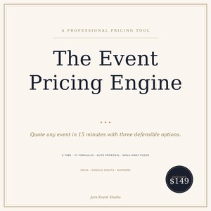 May include: Cream-colored graphic with the text "The Event Pricing Engine." It states the tool quotes events in 15 minutes with three options. Includes "6 TABS 47 FORMULAS AUTO PROPOSAL WALK-AWAY FLOOR." The bottom text reads "Jara Event Studio."
