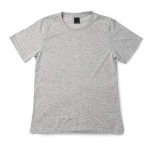 May include: A plain grey t-shirt with short sleeves.