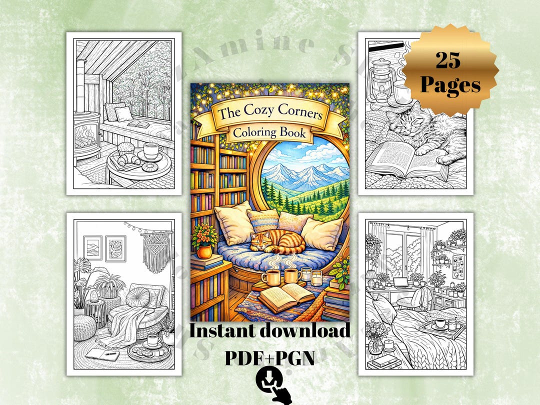Cozy Corner Coloring Pages, Relaxing Adult Coloring Book (PDF+PNG ...