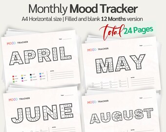 May include: A set of 12 printable mood trackers for each month of the year. Each page features a large, bold month title with a grid for daily mood tracking. The pages are designed in a simple, minimalist style with black text on a white background.  Total 24 pages.