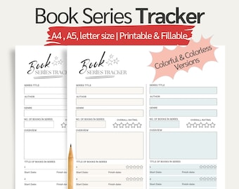 May include: Printable book series tracker with space to record the title, author, genre, number of books in the series, overall rating, and a list of books with start and finish dates. The tracker has a light blue background with a white border.
