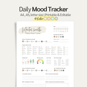 Daily Mental Health Journal, afdrukbare stemmingsdagboek pdf, stemmingstracker, gevoelensgrafiek, ADHD planner, angstdagboek, planner, A4/A5/Letter