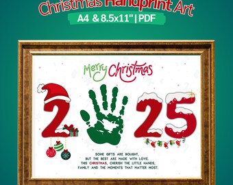 May include: A printable Christmas handprint art design featuring a green handprint, red numbers 2025 with a Santa hat on the 2, and the text "Merry Christmas". The design also includes a quote about cherishing family and moments.
