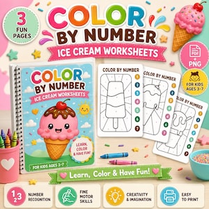Ice Cream Color by Number Worksheets, 3 Printable Preschool Activities, Numbers 1–7, PDF + PNG Digital Download
