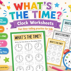 Può includere: Un set di download digitale di schede didattiche What's the Time? sugli orologi, con diverse pagine per esercitarsi a leggere l'ora. Include file PDF e PNG da stampare a casa, illustrati con matite colorate, una stella e una sveglia blu.