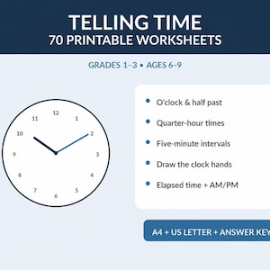 70 Telling Time Worksheets for Kids, Analog & Digital Clock Activities, A4 + US Letter PDF, Grades 1–3, Ages 6–9