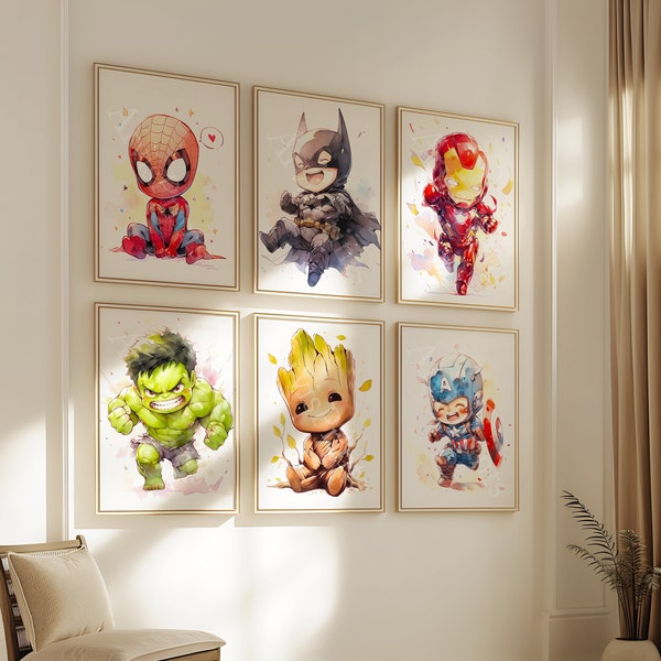 Set Of 6 Cute Superheroes Posters - Wall Decor, Boys Room, Gift for Son, Drawing Poster, Watercolor Painting, Nursery Prints, Play Room Art