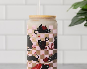 Valentine Cat Glass Can Cup 16oz Iced Coffee Glass With Bamboo Lid And Straw