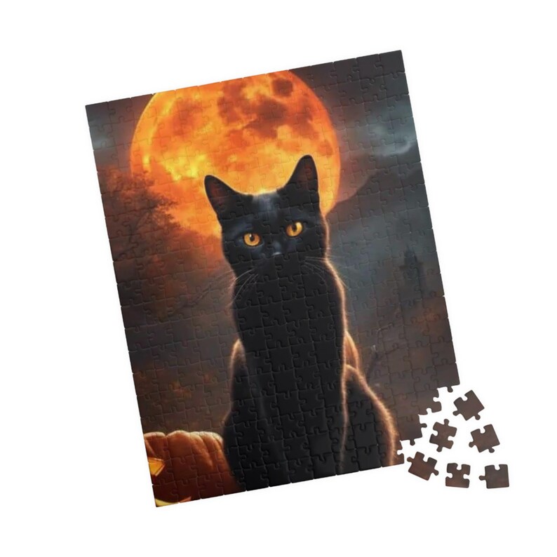 Black Cat Puzzle Halloween Gift Idea Finder Spooky Entertainment Piece Collector Feline Silhouette Jigsaw Game Night Activity Autumn image 9