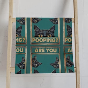 Funny Black Cat Hand Towel  &quot;Are You Pooping?&quot;, Bathroom Decor, Cat Lover Gift, Housewarming Present for Cat Owners