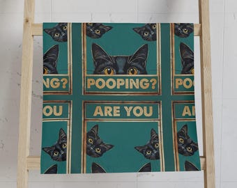 Grappige handdoek zwarte kat: 'Ben je aan het poepen?' Badkamerdecoratie
