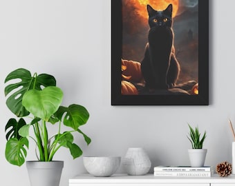 Arte de parede emoldurada de Halloween com gato preto, decoração gótica para casa