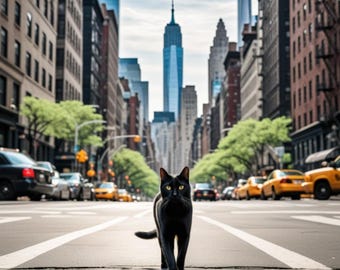Black Cat in Manhattan Art Print | NYC Urban Home Decor (Digital Download)
