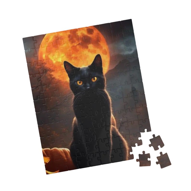 Black Cat Puzzle Halloween Jigsaw Spooky Design Feline Silhouette Moonlight Scene Collector Piece Family Entertainment Autumn Activity Seasonal Fun Perfect Present Cat Lover Puzzle Enthusiast Game Night Entertainment Holiday Themed