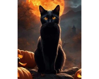 Black Cat Halloween Poster: Full Moon Witchy Home Decor