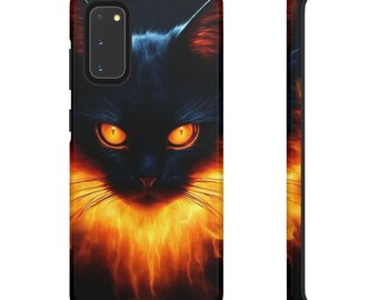 Fiery Black Cat Tough Phone Case, Gothic Witchy Halloween Gift