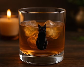 Black Cat Rocks Glass, Gothic Whiskey Barware, Cat Lover Gift