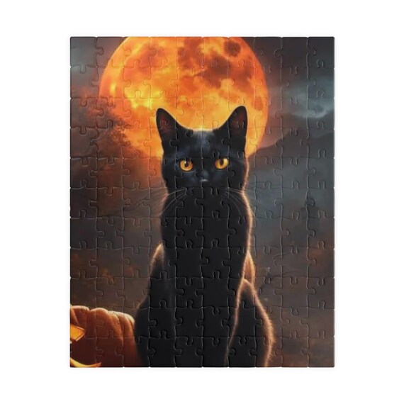 Black Cat Halloween Puzzle: Spooky Full Moon Jigsaw